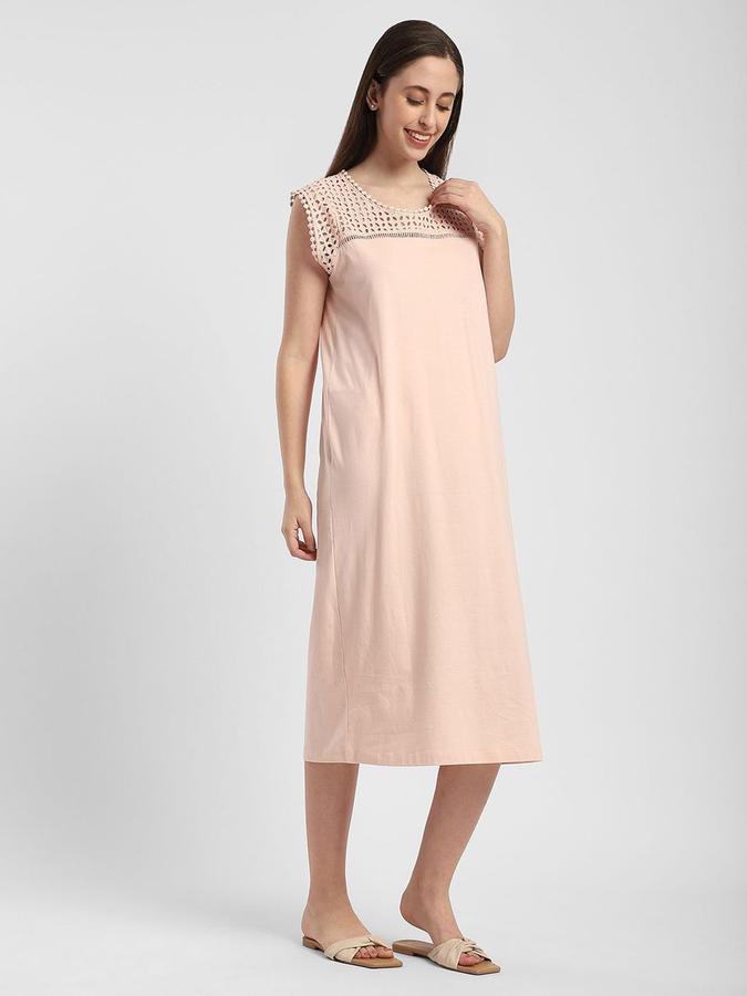 R&B Women Pink Solid Sleeveless Round Neck Midi Shift Dress