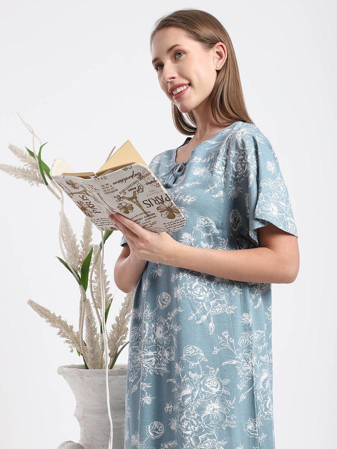 Women Cotton Regular Fit Round Neck Floral Print Night Shirt