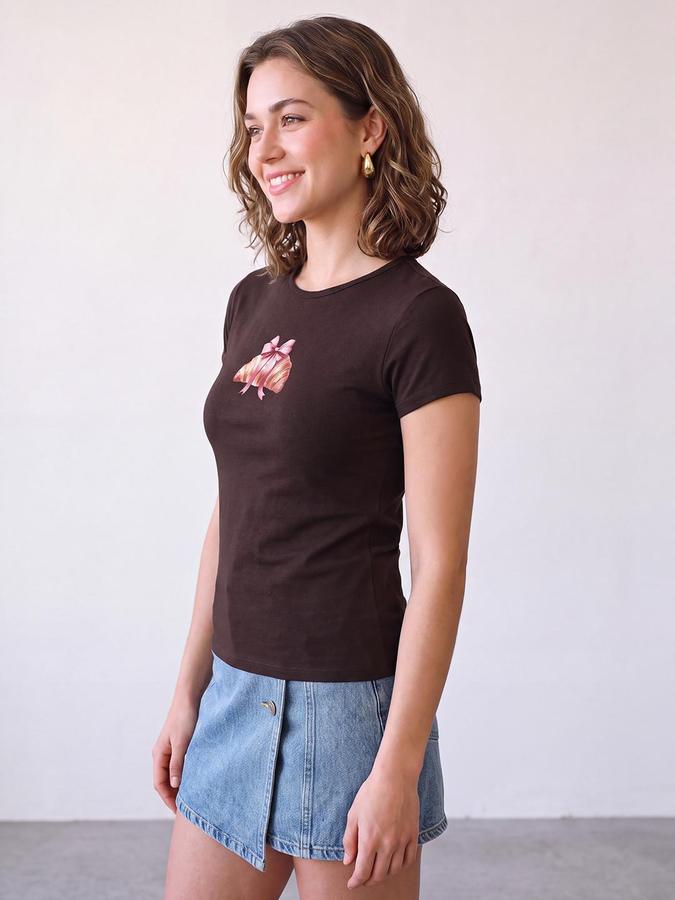 R&B Women Coffee Bow Print Round Neck Short Sleeves T-Shirt