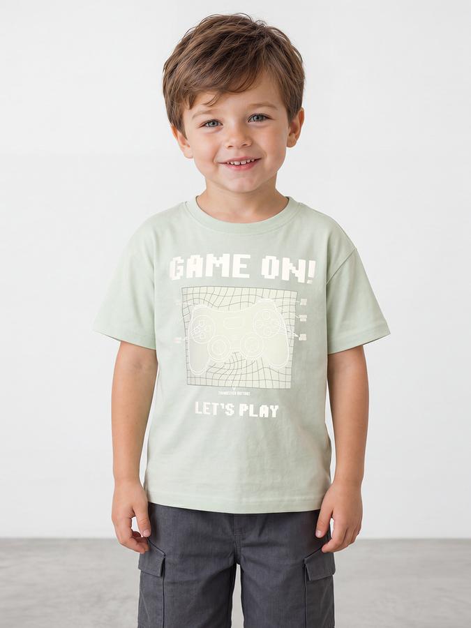 R&B Boys Green Short sleeve Round Neck Game On Typography Graphics Bold Graphic Pure Cotton T-Shirt