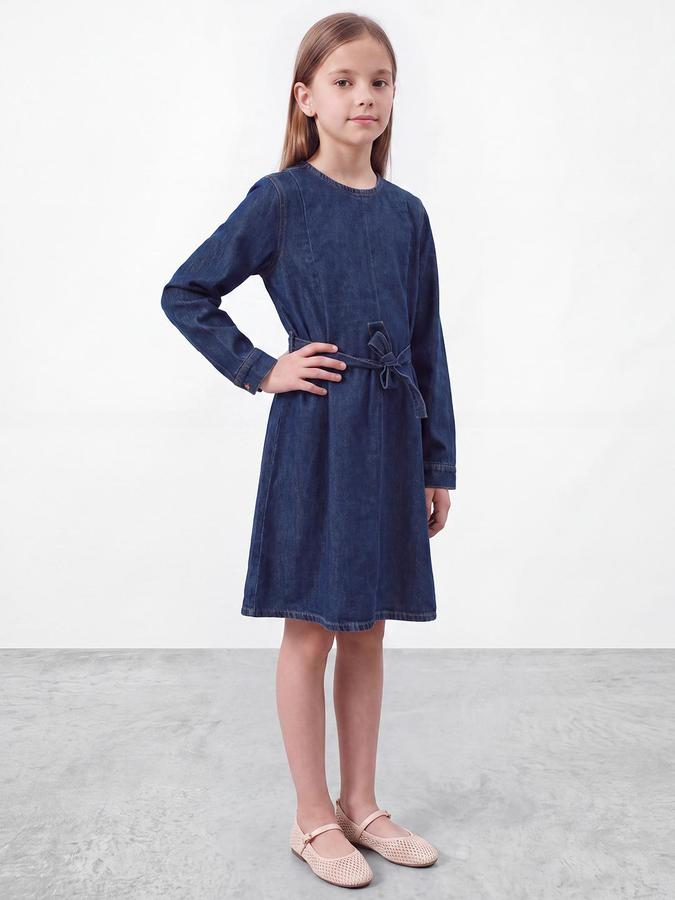 R&B Girls Blue Solid Round Neck Long Sleeves Denim A-Line Dress