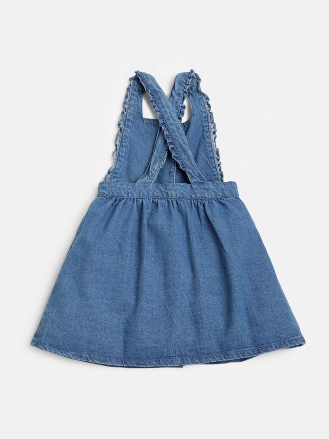 Girls Denim Regular Fit Ruffled Straps Buttoned Hem Dungaree