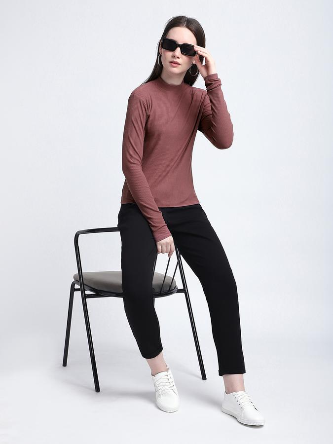 Women Viscose Fitted High Neck Solid T-shirt