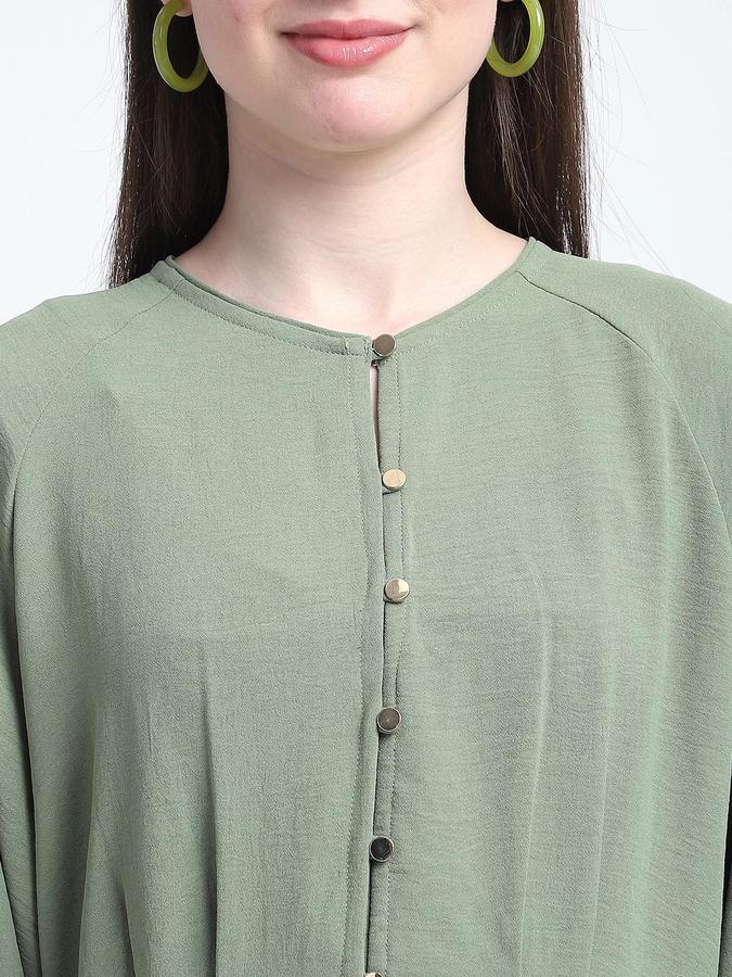 R&B Women Green V Neck Full Cuffed Sleeve Pure Polyster A-Line Mini Dress