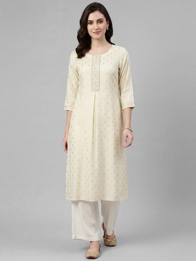 R&B White Printed Women Three-Quarter Sleeves Round Neck Kurta