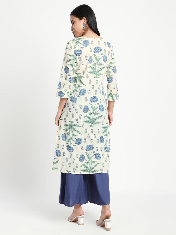 R&B Women Blue Floral Print Round Neck Knee Length Pure Cotton Ethnic Kurta