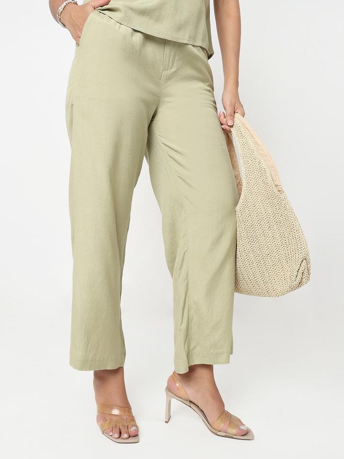 Women Linen Blend Wide Leg High Rise Pleated Trousers