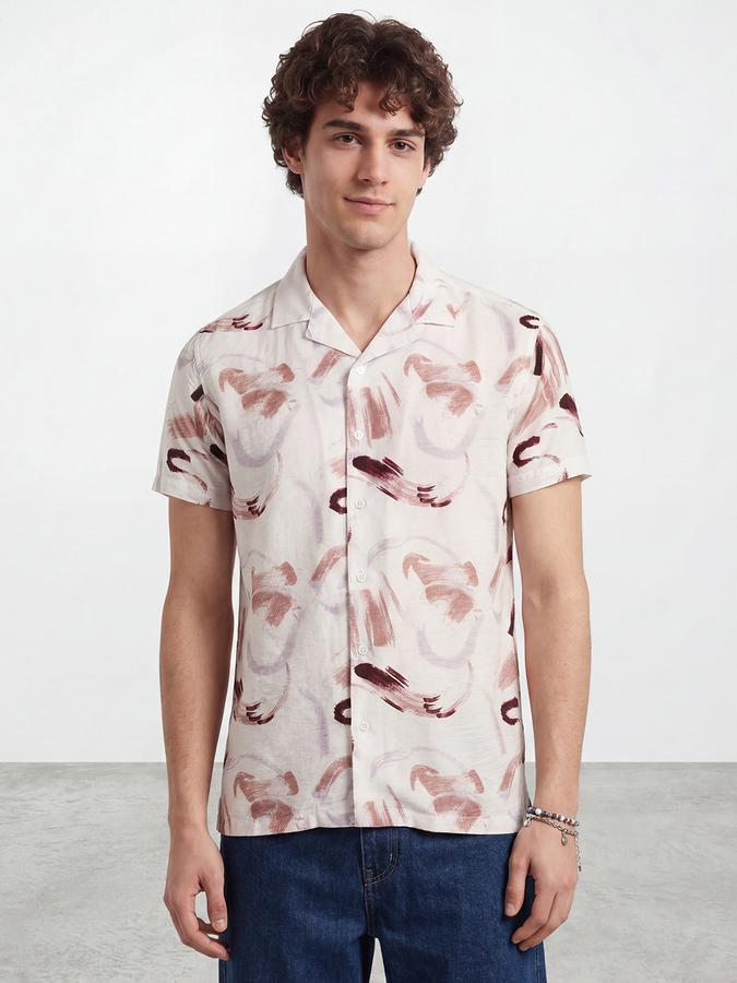 R&B Men Off-White Resort Collar Abstract Brush Print Shirt