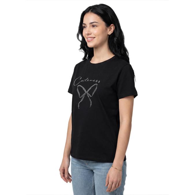 R&B Women Black Cotton Printed Round Neck T-Shirt