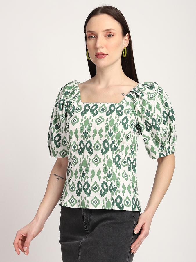 R&B Women Green Ikat Print Puff-Sleeve Top