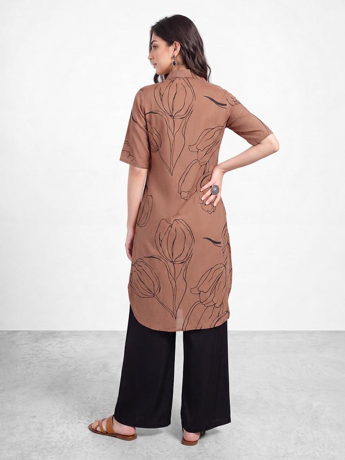 R&B Womens Brown Short Sleeves Collared Floral Printed Straight Kurta