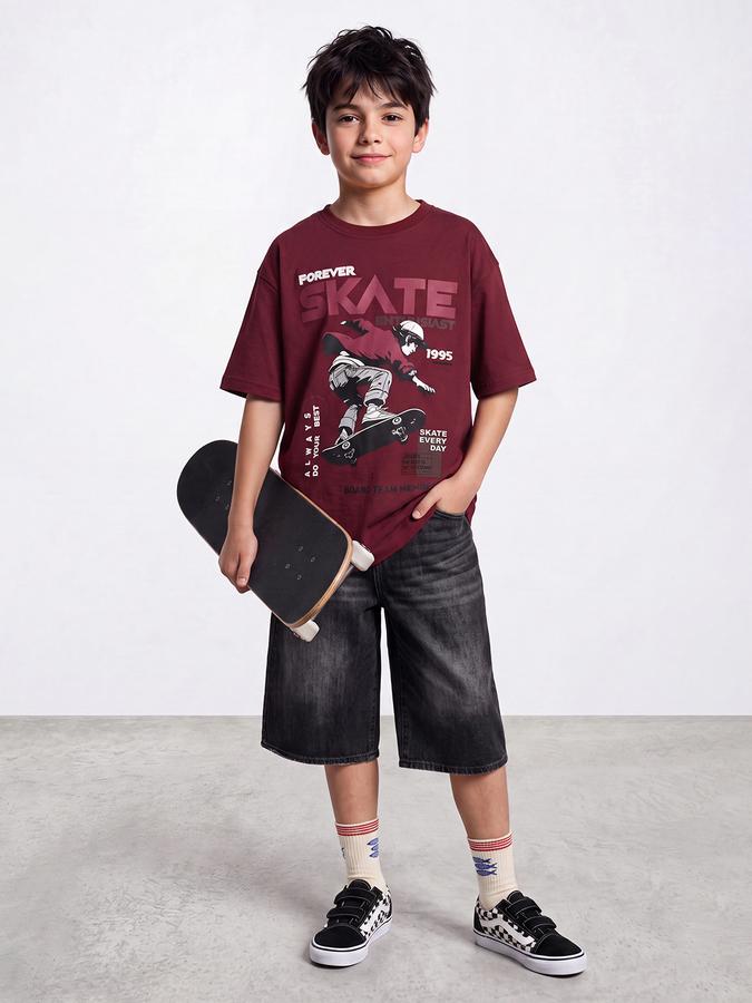 R&B Boys Maroon 3D Puff Print Drop-Shoulder Sleeves Tshirt