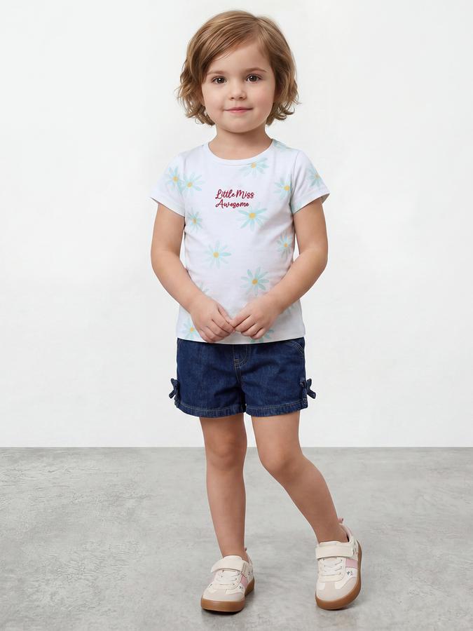 R&B Girls White Regular Fit Floral Print Short Sleeve T-shirt