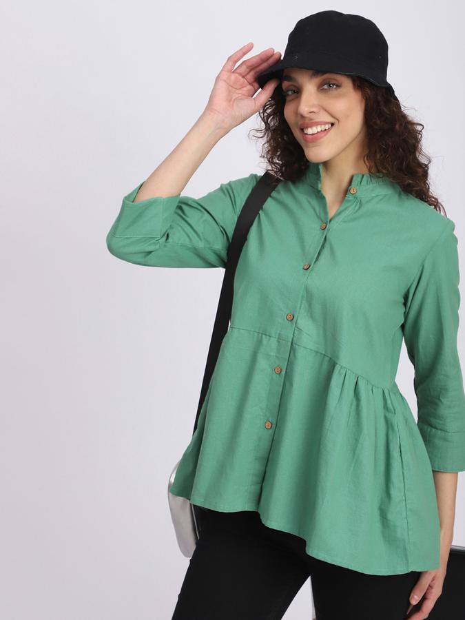 Women Cotton Relaxed Fit Ruffled Collar Solid Ethnic Top