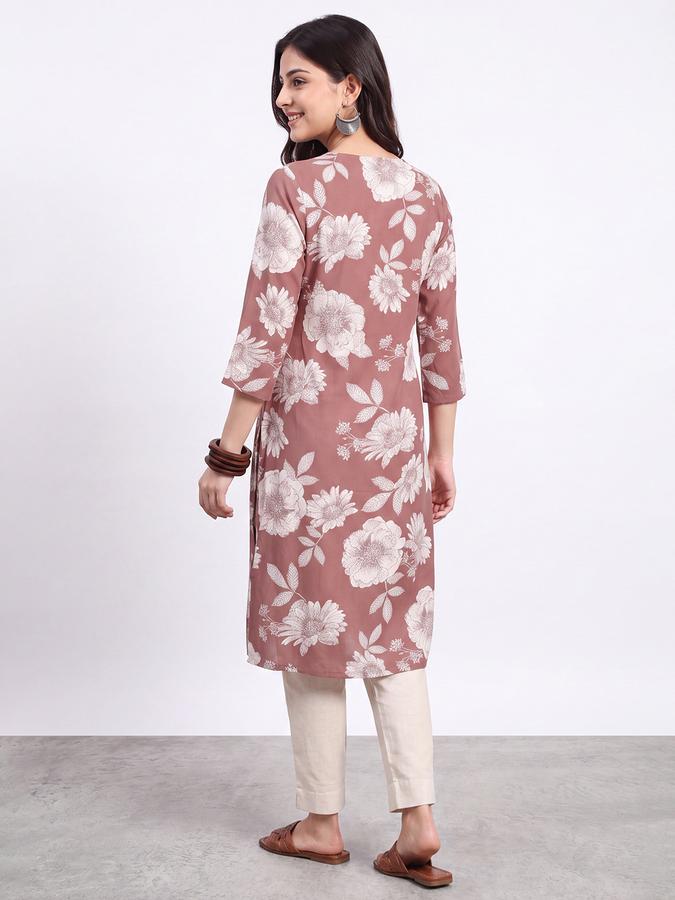 R&B Womens Coral Three-Quarter Sleeves V Neck Floral Printed Straight Kurta