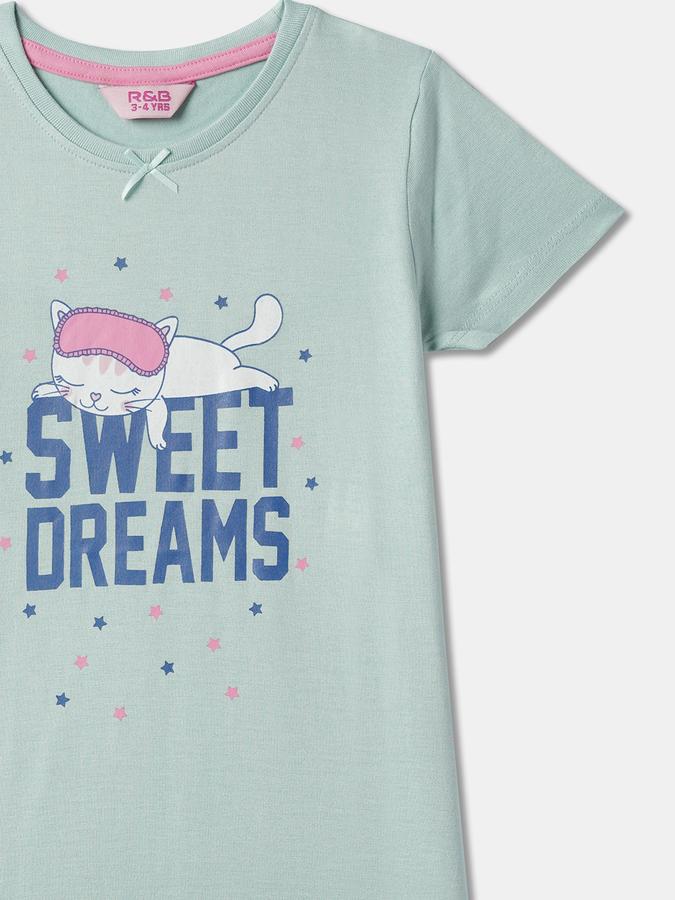 Girls Cotton Graphic Print Round Neck Short Sleeves Sleepwear Set