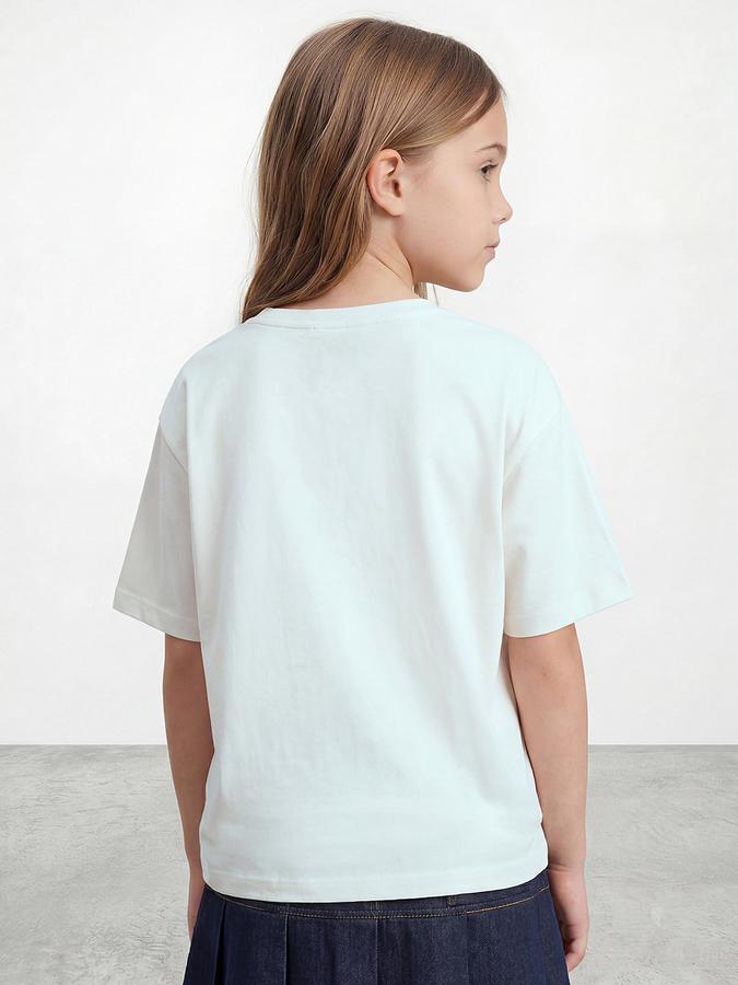R&B Girls White Regular Fit Bow Printed Short Sleeve T-shirt