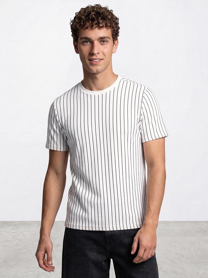 R&B Men Ivory Striped Short Sleeves Round Neck T-Shirt