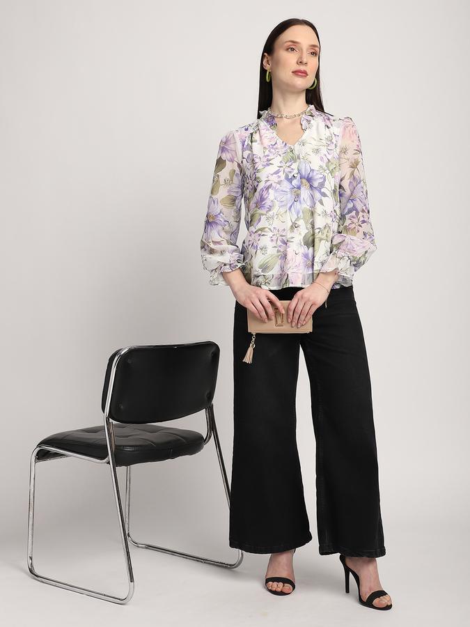Women Polyester Regular Fit Ruffled Neckline Floral Top