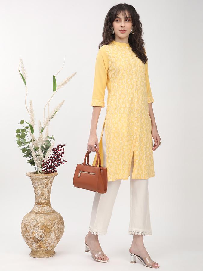 Women's regular fit casual yellow chikankari printed front button down straight kurta image number 1