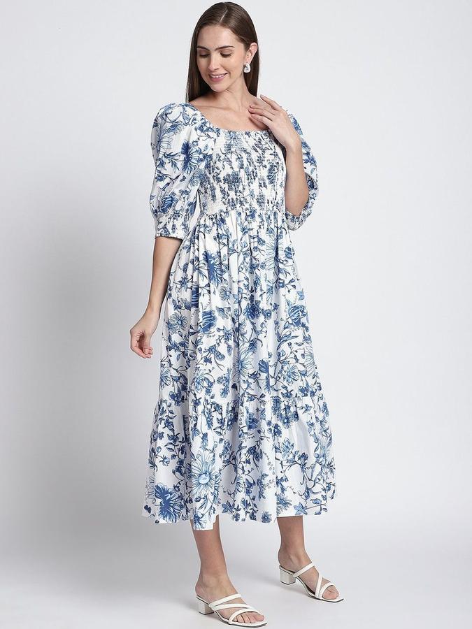 R&B Women Blue Floral Three-Quarter Sleeves Square Neck Midi A-Line Dress