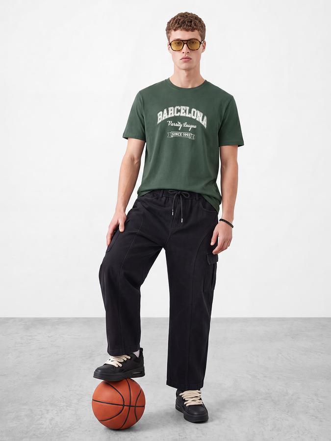 R&B Men Pine Green Typographic Print Short Sleeves Pure Cotton Tshirt