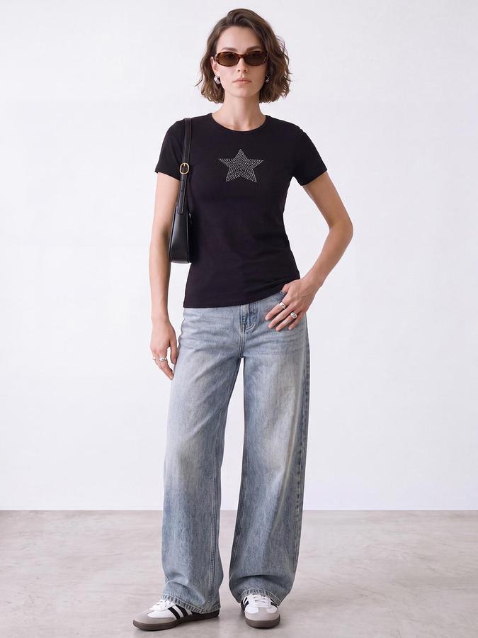 R&B Women Black Short Sleeve Round Neck Star Embellished T-Shirt