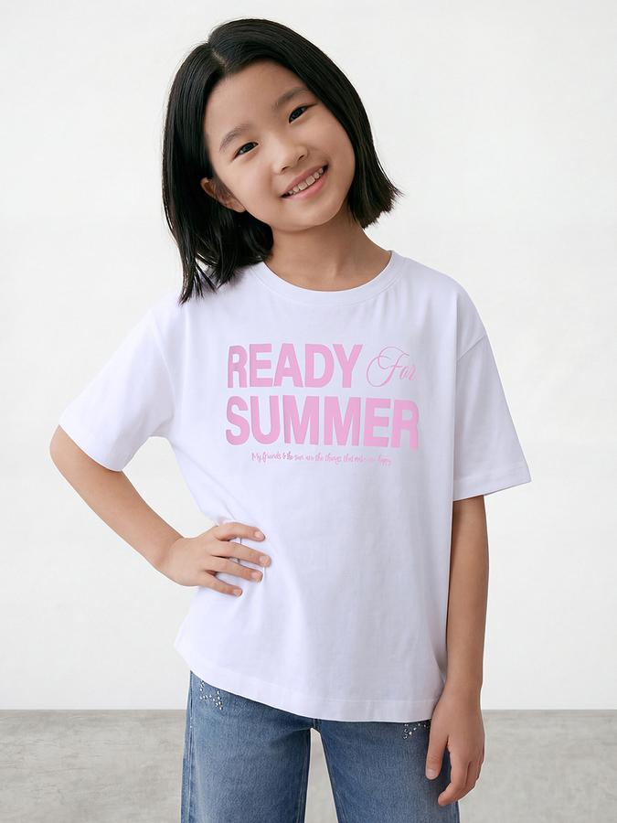 R&B Girls White Regular Fit Typography Short Sleeve T-shirt