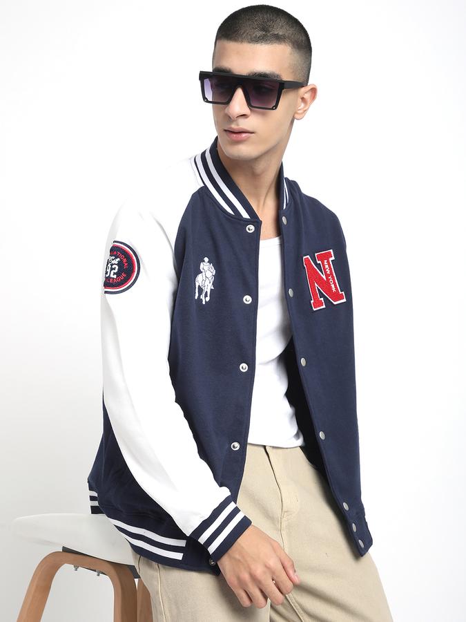 Men Fleece Regular Fit Varsity Jacket