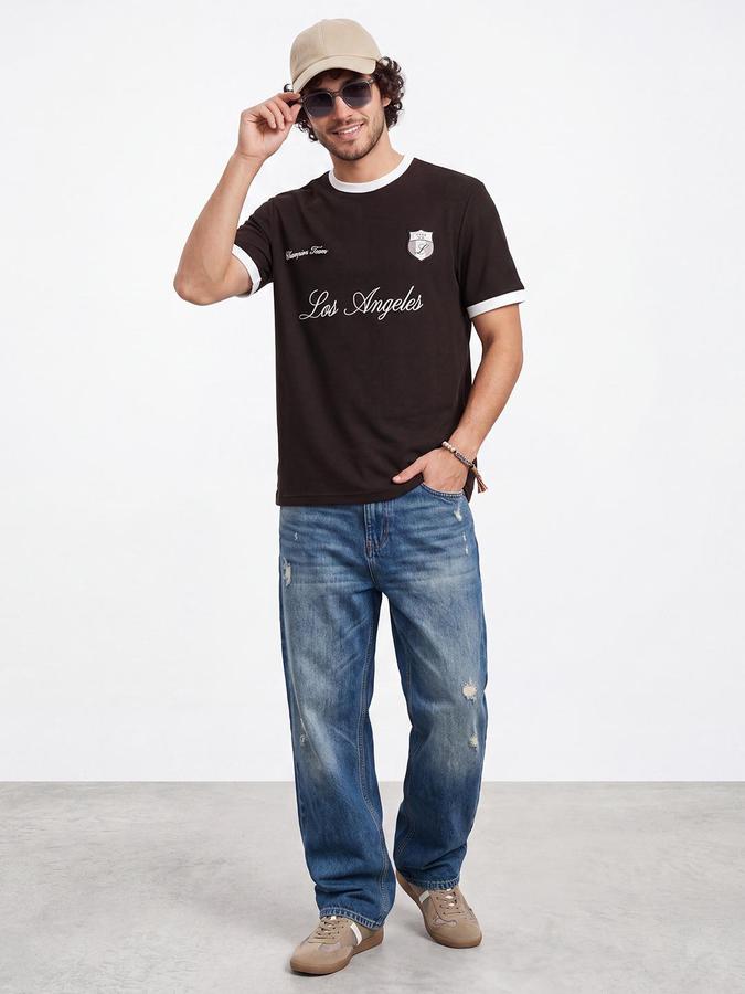 R&B Men Coffee Short Sleeve Round Neck Typography Print T-Shirt