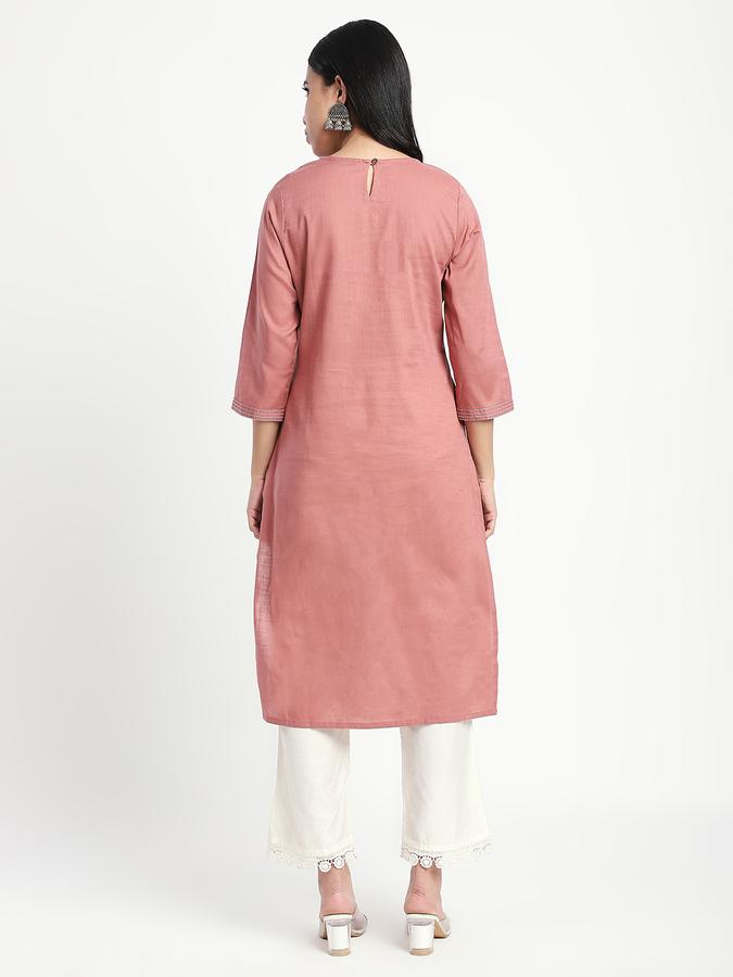 Women Cotton Straight Fit Round Neck Embroidered Kurta