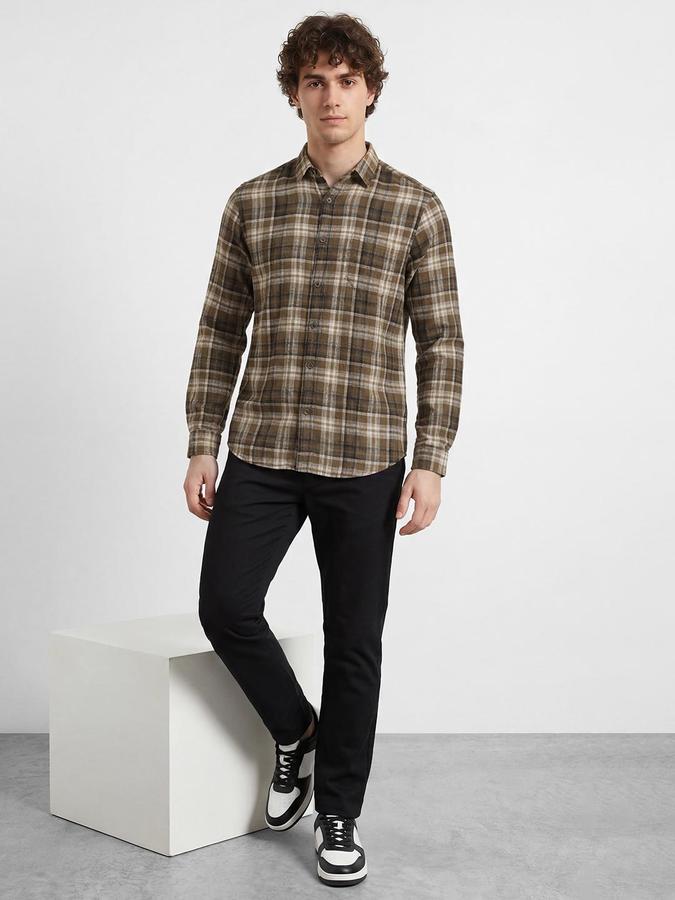R&B Men Brown Windowpane Checks Spread Collar Long Sleeves Regular Fit Shirt