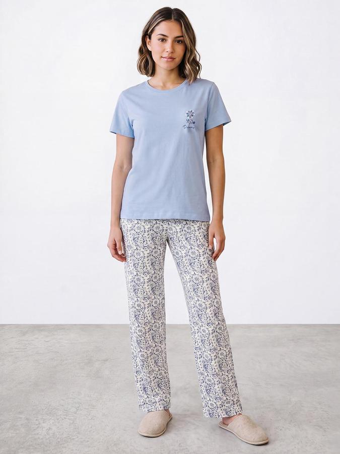 R&B Women Powder Blue Graphic Print Short Sleeves Pure Cotton T-shirt & Pyjama Set