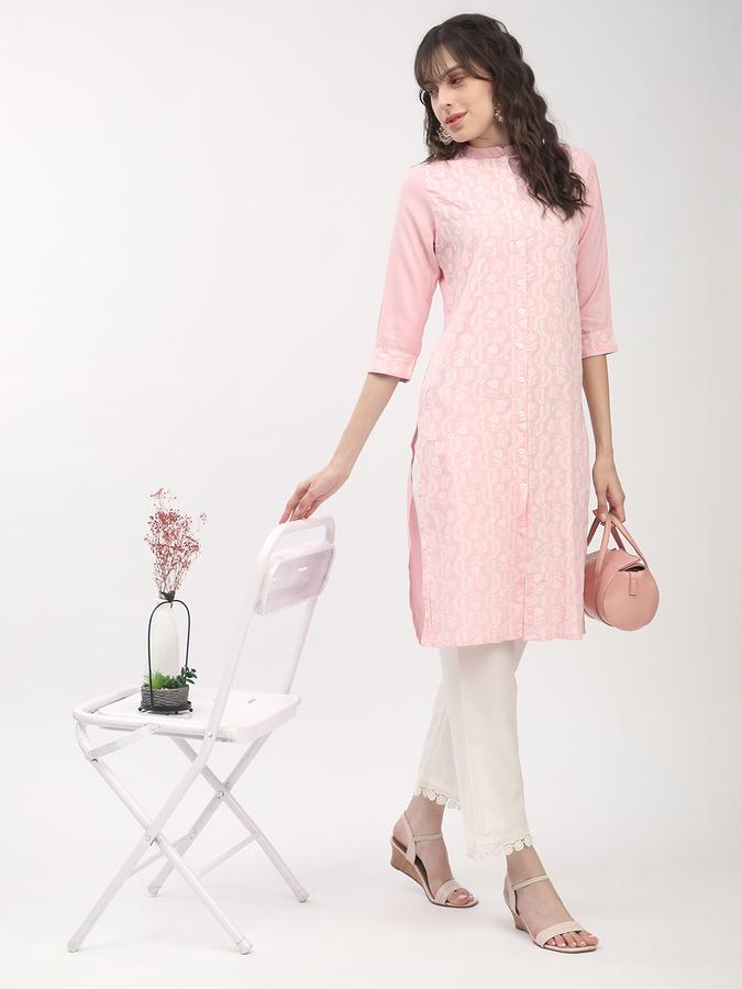 Women's regular fit casual pink chikankari printed front button down straight kurta image number 1