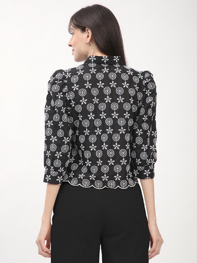 Women's black schiffli shirt with gathered sleeves and scalloped hem image number 2