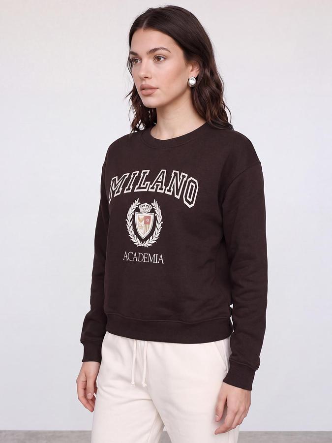 R&B Women Coffee Graphic Print Round Neck Long Sleeves Sweatshirt