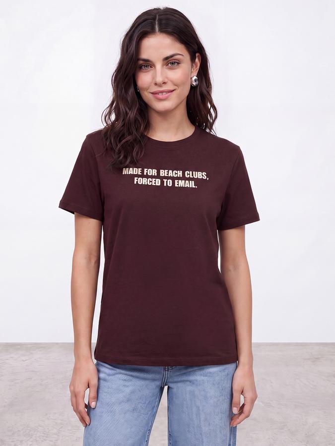 R&B Women Wine Burgundy Typographic Print Short Sleeves Pure Cotton Tshirt