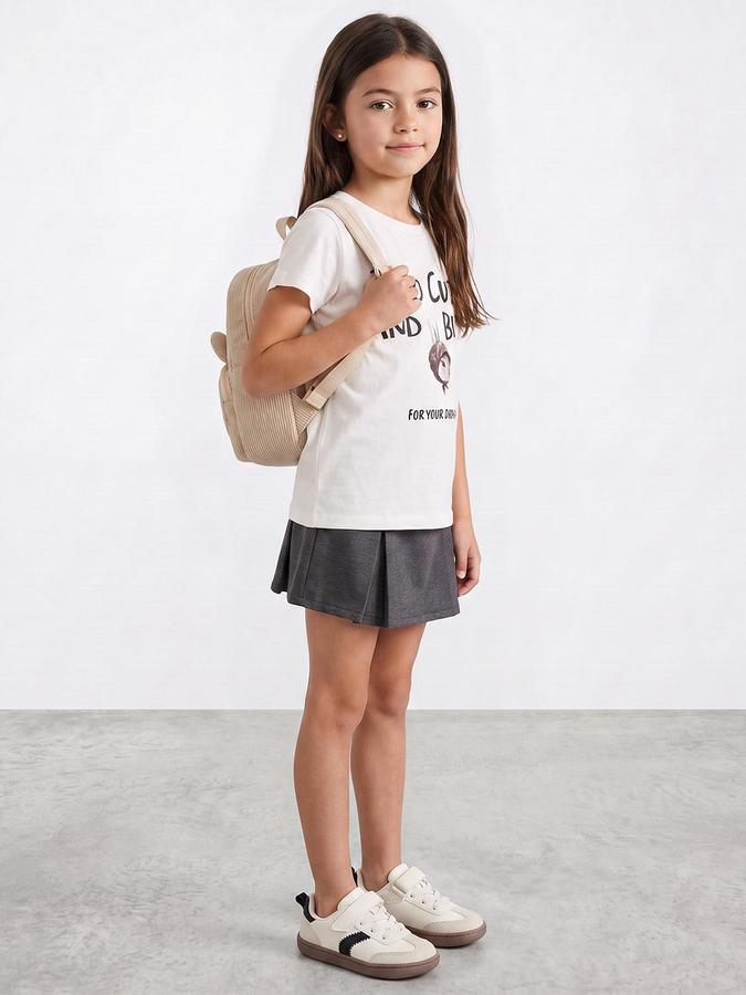 R&B Girls White Graphic Print Short Sleeves Round Neck Pure Cotton T-Shirt