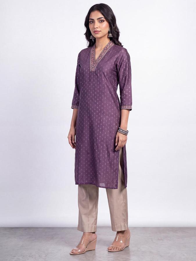 R&B Women Purple Embroidered V-Neck Three-Quarter Sleeve Ikat Kurta