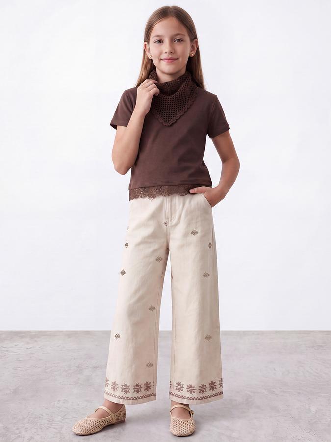 R&B Girls Beige Embroidery Ethnic Motif Pant 