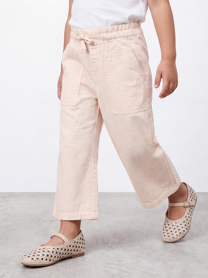 R&B Girls Beige Solid Pure Cotton Wide Leg Mid Rise Trousers