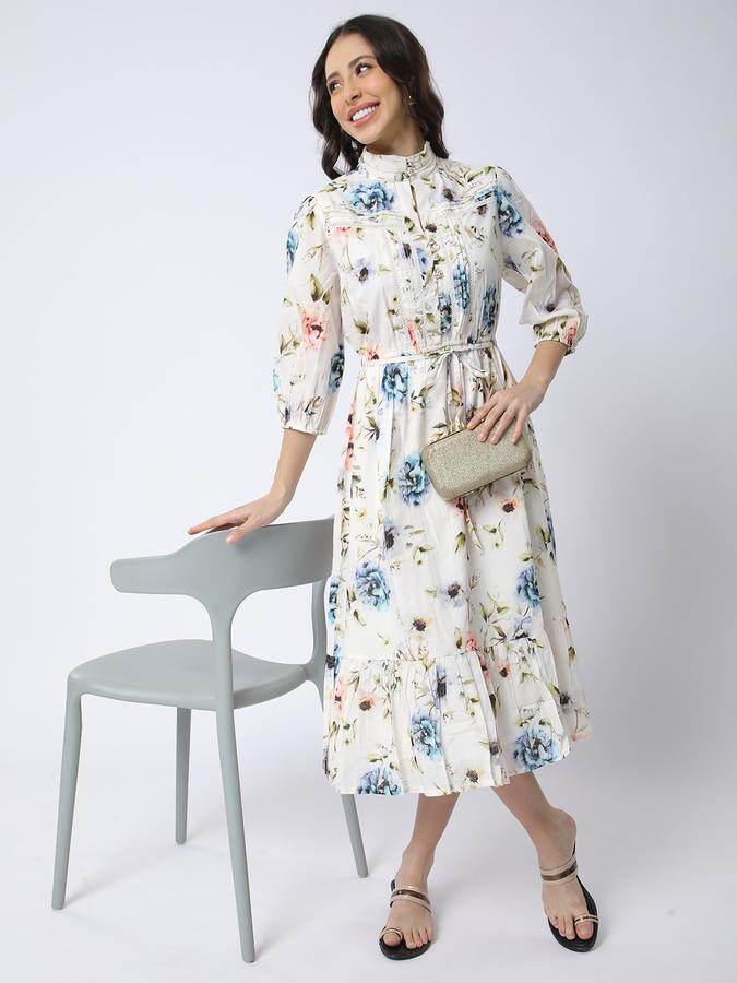 R&B Women Blue Floral Print High-Neck Dress