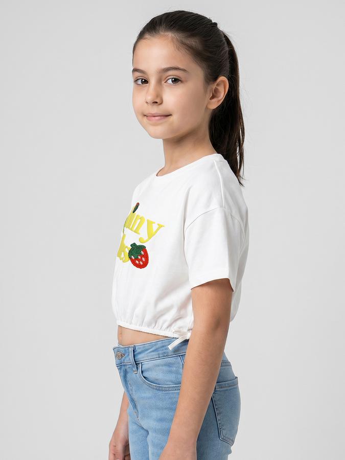 R&B White Graphic Print Girls Round Neck Regular Fit Short Sleeves T-Shirt 