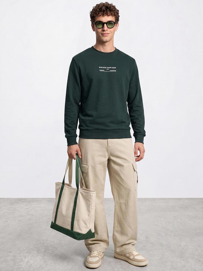 R&B Men Dark Green Typography Print Round Neck Long Sleeves Sweatshirt