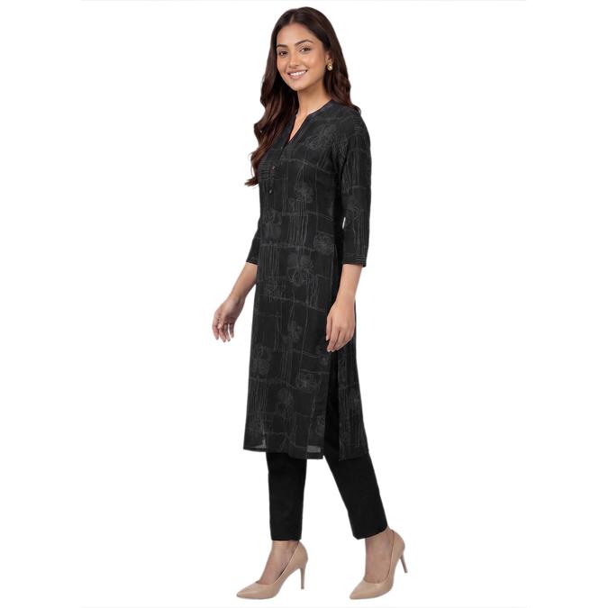 R&B Grey Women Mandarin Collar Three-Quarter Sleeves Kurta 