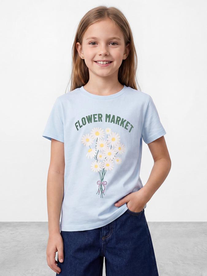 R&B Girls Blue Floral Printed  Short Sleeves Pure Cotton T-shirt
