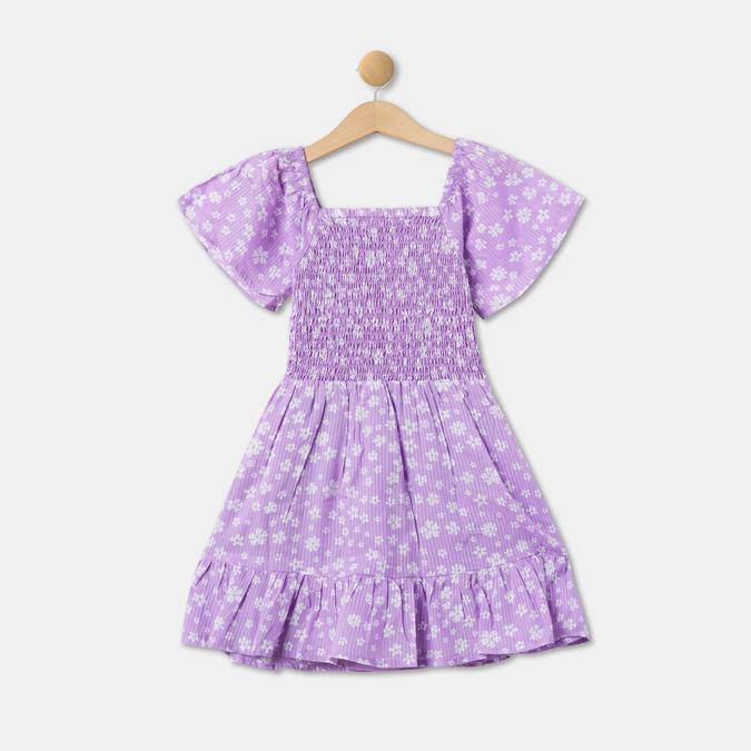 Girls Cotton A-Line Square Neck Floral Smocked Dress
