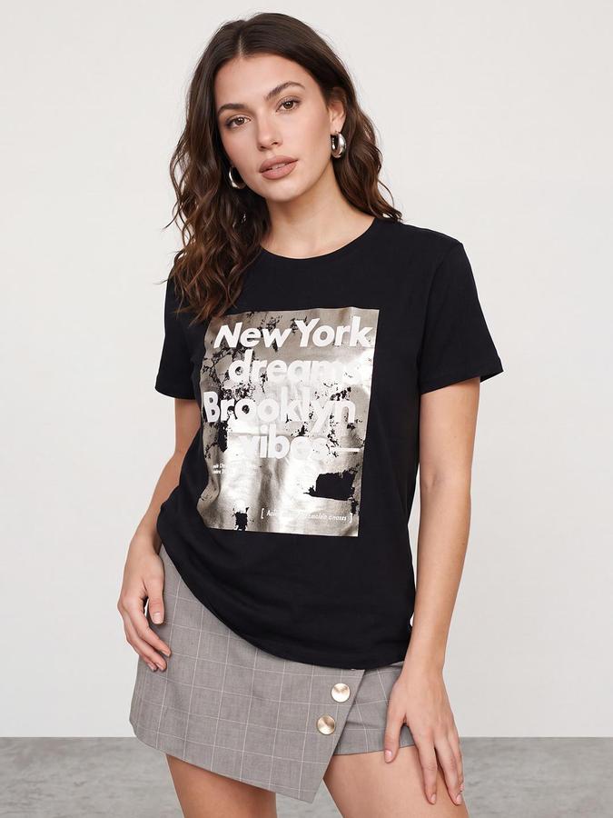 R&B Women Black Graphic Print Pure Cotton Round Neck Short Sleeves T-Shirt