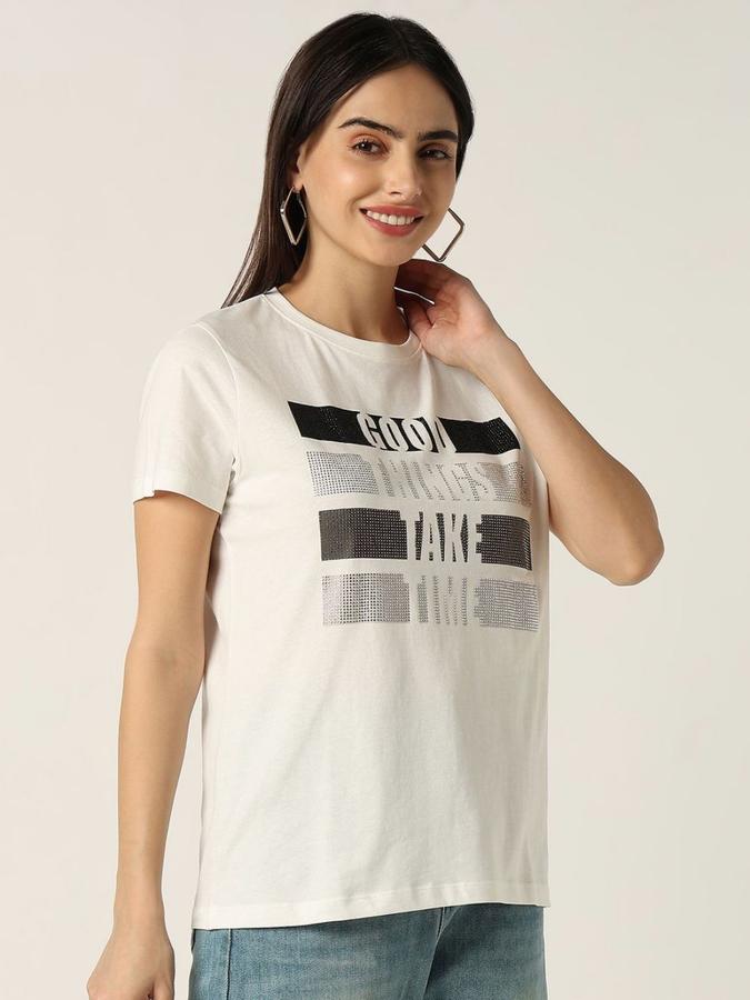 Women Cotton Regular Fit Crew Neck Slogan T-shirt