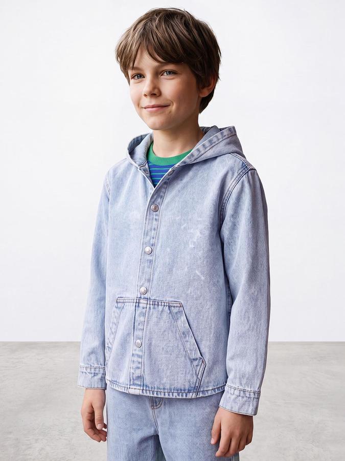 R&B Boys Light Blue Solid Hooded Long Sleeves Denim Shirt